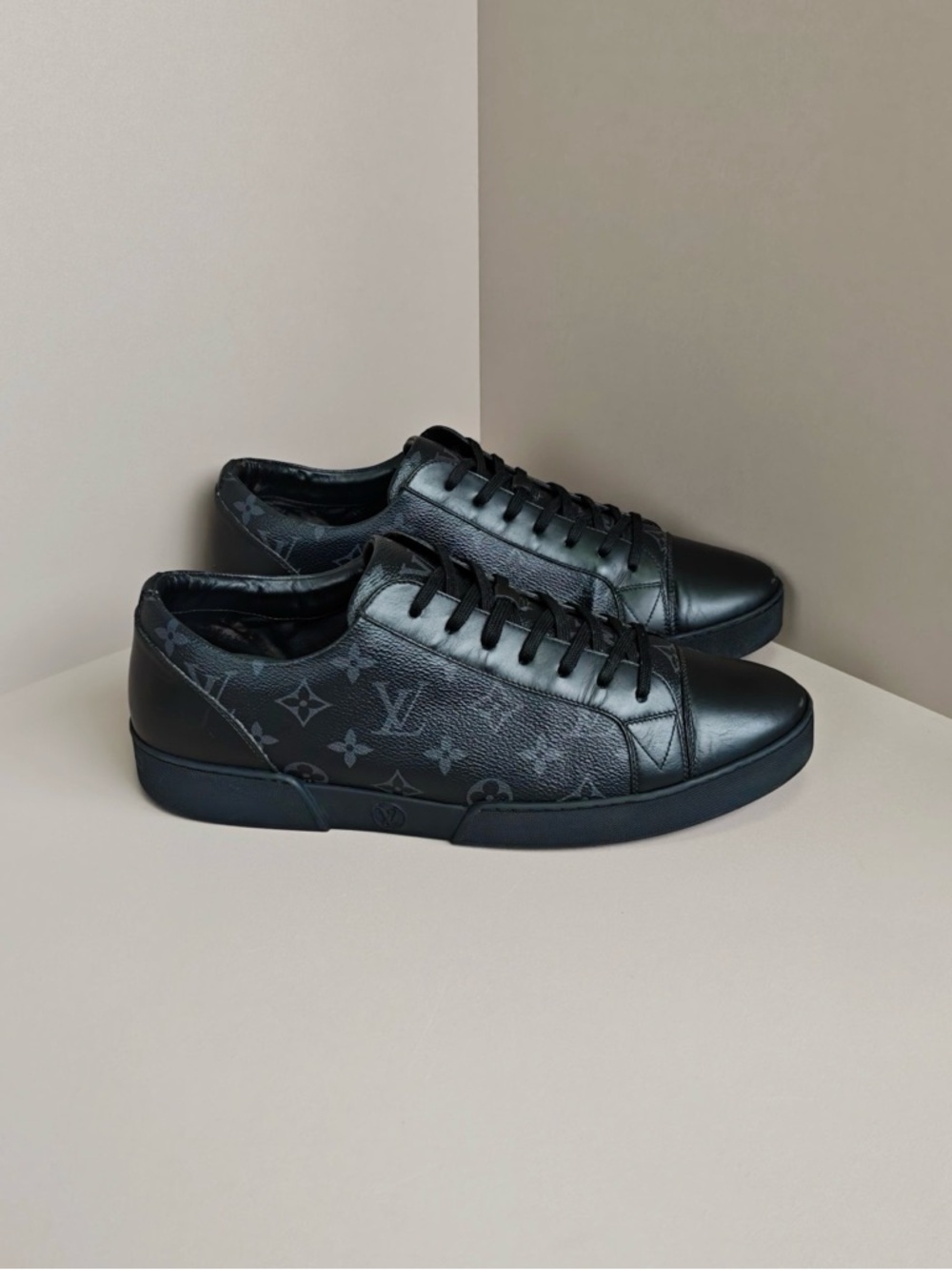 Louis Vuitton Men’s Black Monogram Leather Low-Top Sneakers - Picture 4 of 6